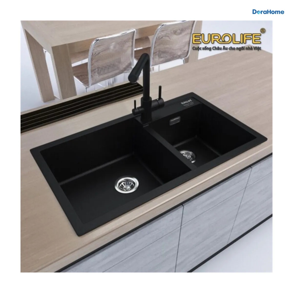 Chậu rửa chén 2 hố đá thạch anh EUROLLIF EL-QC8646